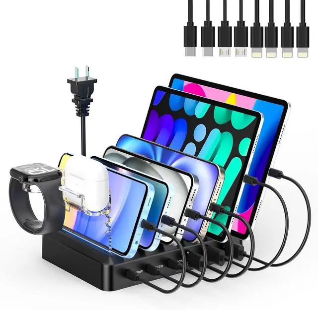 Main image of Charging Station for Multiple Devices 6-Port 90W Fast Charger Stations with 8 Mixed Charger Cables Organizer Dock Compatible for Cell Phone