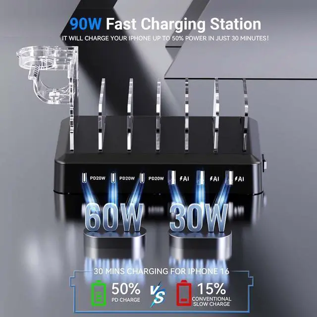 Alt view image 2 of 6 - Charging Station for Multiple Devices 6-Port 90W Fast Charger Stations with 8 Mixed Charger Cables Organizer Dock Compatible for Cell Phone
