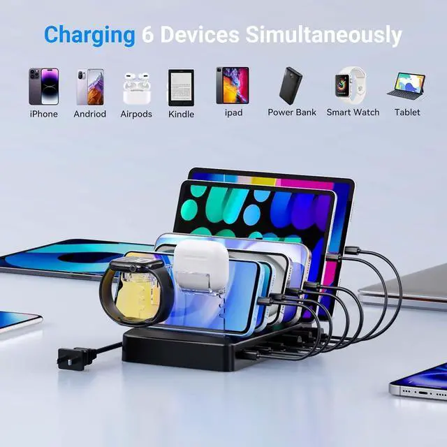 Alt view image 3 of 6 - Charging Station for Multiple Devices 6-Port 90W Fast Charger Stations with 8 Mixed Charger Cables Organizer Dock Compatible for Cell Phone