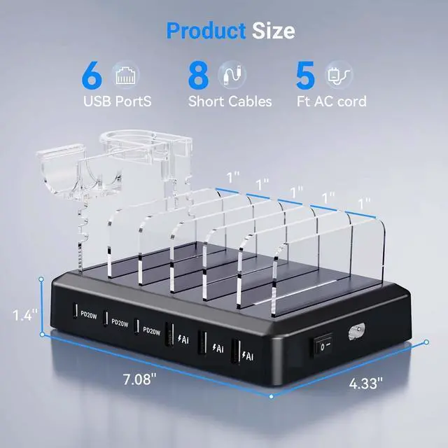 Alt view image 5 of 6 - Charging Station for Multiple Devices 6-Port 90W Fast Charger Stations with 8 Mixed Charger Cables Organizer Dock Compatible for Cell Phone