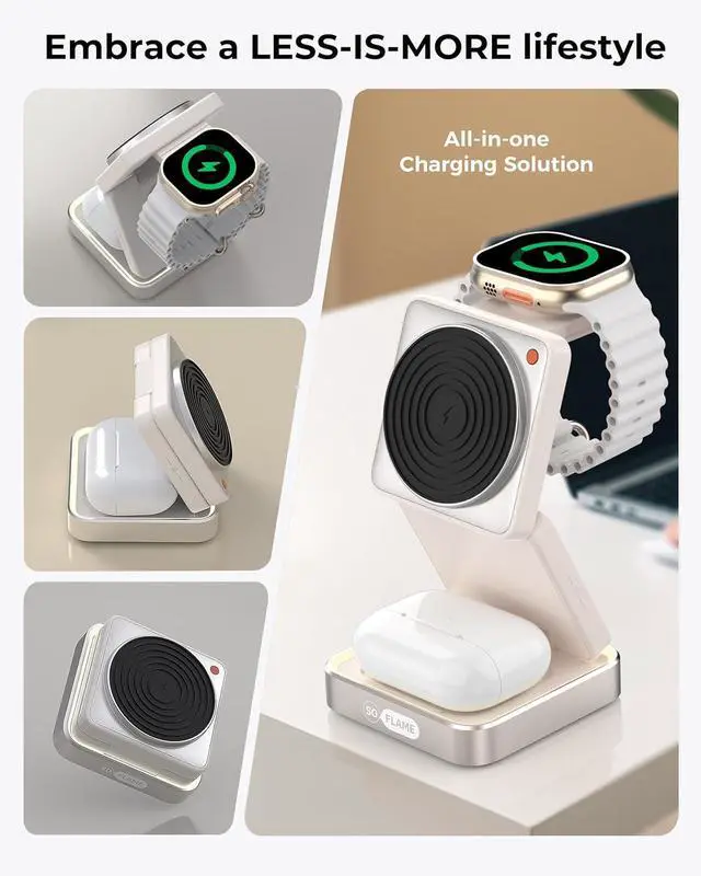 Alt view image 2 of 7 - 3 in 1 Magnetic Wireless Charging Station for Mag-safe Charger Foldable Travel Charger with Night Light 15W Fast Charging Stand with 25W Adapter for iPhone16-12  Watch AirPods -Beige