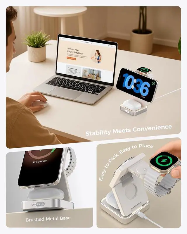 Alt view image 3 of 7 - 3 in 1 Magnetic Wireless Charging Station for Mag-safe Charger Foldable Travel Charger with Night Light 15W Fast Charging Stand with 25W Adapter for iPhone16-12  Watch AirPods -Beige