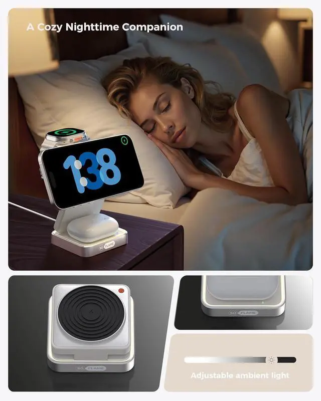 Alt view image 6 of 7 - 3 in 1 Magnetic Wireless Charging Station for Mag-safe Charger Foldable Travel Charger with Night Light 15W Fast Charging Stand with 25W Adapter for iPhone16-12  Watch AirPods -Beige