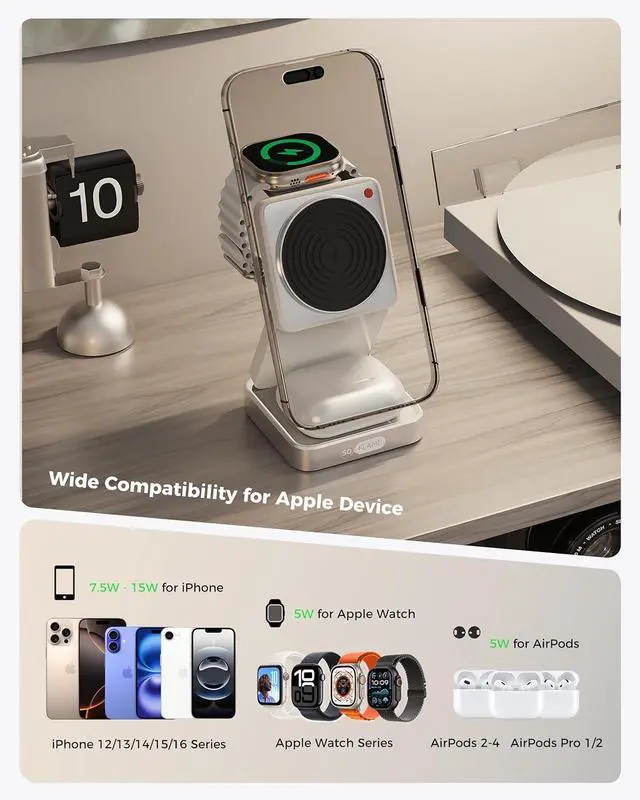 Alt view image 7 of 7 - 3 in 1 Magnetic Wireless Charging Station for Mag-safe Charger Foldable Travel Charger with Night Light 15W Fast Charging Stand with 25W Adapter for iPhone16-12  Watch AirPods -Beige