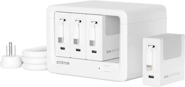 Main image of 12-in-1 Desktop Charging Station with 3 Retractable Type-C Chargers and 1 Lightning Charger 40W USB-C Power Strip with 31.5in Cable Extension Cord with 1020J Surge Protection for Home Office