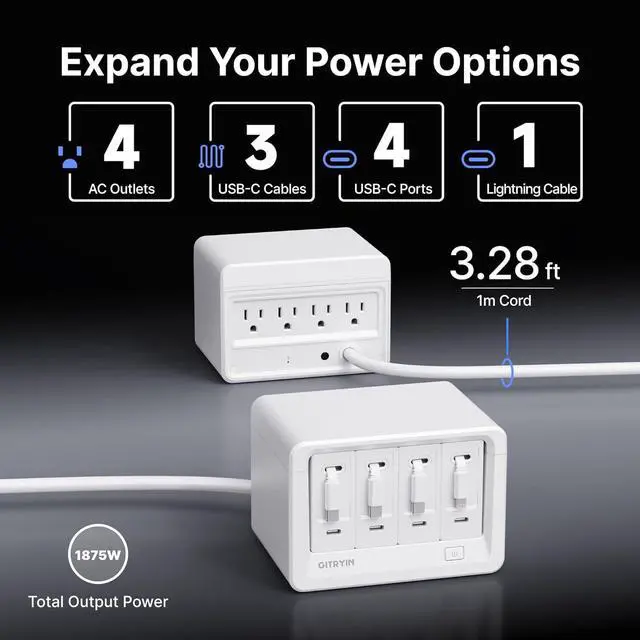 Alt view image 2 of 7 - 12-in-1 Desktop Charging Station with 3 Retractable Type-C Chargers and 1 Lightning Charger 40W USB-C Power Strip with 31.5in Cable Extension Cord with 1020J Surge Protection for Home Office