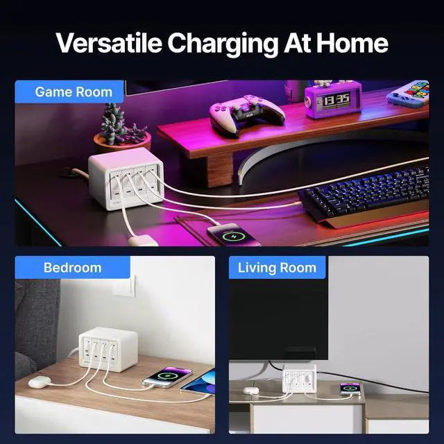 Alt view image 4 of 7 - 12-in-1 Desktop Charging Station with 3 Retractable Type-C Chargers and 1 Lightning Charger 40W USB-C Power Strip with 31.5in Cable Extension Cord with 1020J Surge Protection for Home Office