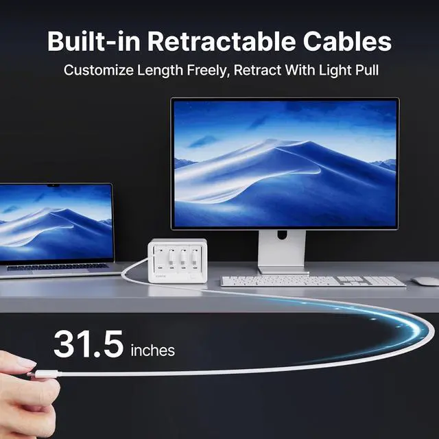 Alt view image 5 of 7 - 12-in-1 Desktop Charging Station with 3 Retractable Type-C Chargers and 1 Lightning Charger 40W USB-C Power Strip with 31.5in Cable Extension Cord with 1020J Surge Protection for Home Office