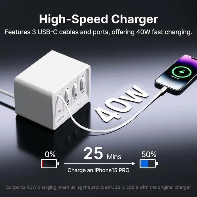 Alt view image 6 of 7 - 12-in-1 Desktop Charging Station with 3 Retractable Type-C Chargers and 1 Lightning Charger 40W USB-C Power Strip with 31.5in Cable Extension Cord with 1020J Surge Protection for Home Office