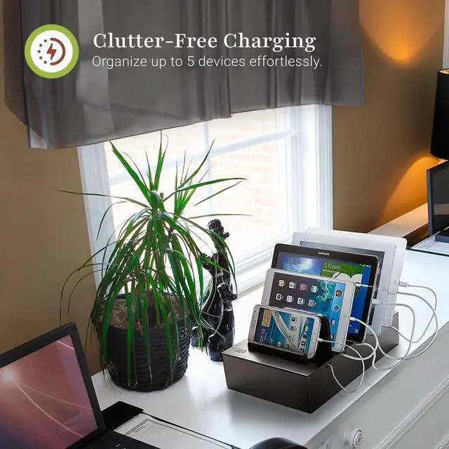 Alt view image 2 of 7 - Prosumers Choice Charging Station for Multiple Devices - 5 Device Charger Organizer for Smartphones and Tablets - Wooden Rack with Removable Dividers - Charging Dock for Work from Home - Black
