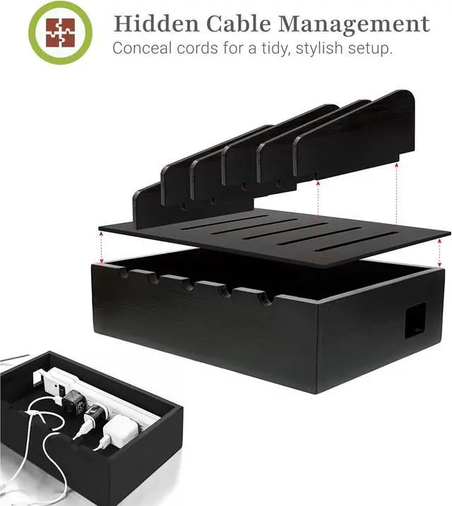 Alt view image 4 of 7 - Prosumers Choice Charging Station for Multiple Devices - 5 Device Charger Organizer for Smartphones and Tablets - Wooden Rack with Removable Dividers - Charging Dock for Work from Home - Black
