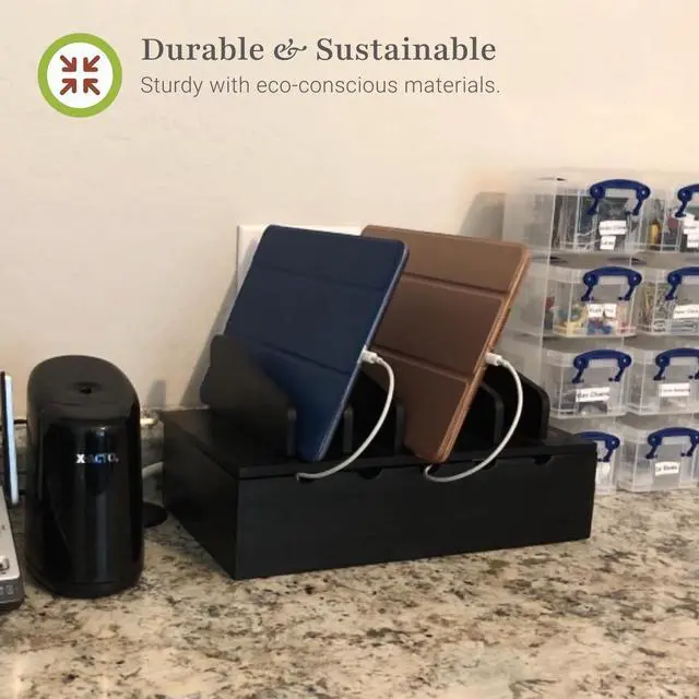 Alt view image 6 of 7 - Prosumers Choice Charging Station for Multiple Devices - 5 Device Charger Organizer for Smartphones and Tablets - Wooden Rack with Removable Dividers - Charging Dock for Work from Home - Black