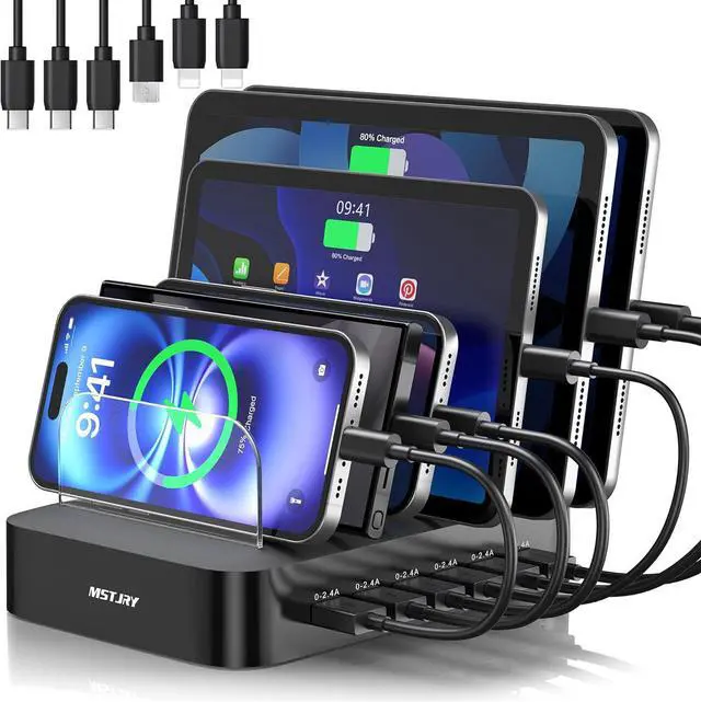 Main image of Charging Station for Multiple Devices : 6 Port USB Charger Stations - Family Multi-Device Organizer Charging Dock - Designed for iPhone iPad Android Cell Phone Tablet and Electronic Black