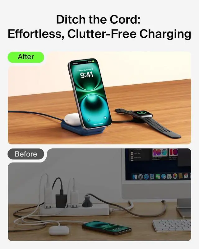 Alt view image 6 of 7 - MagSafe Charger Compatible 2-in-1 Charging Station Qi2.2 25W Magnetic Wireless Charger Dock Foldable Stand with 5W USB-C Port for iPhone 16/15/14 AirPods (45W Adapter Included)