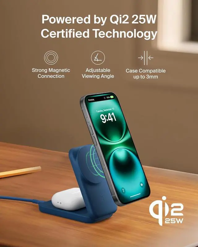 Alt view image 7 of 7 - MagSafe Charger Compatible 2-in-1 Charging Station Qi2.2 25W Magnetic Wireless Charger Dock Foldable Stand with 5W USB-C Port for iPhone 16/15/14 AirPods (45W Adapter Included)