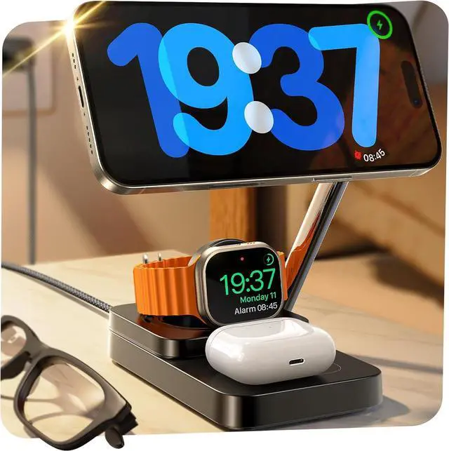 Main image of Lisen 3 in 1 Nightstand with Charging Station for Multiple Devices  Magsafe Charger 15W Travel Charger for iPhone and  Watch Magnetic Wireless Charger for iphone 16 15 Pro Max iWacth AirPods