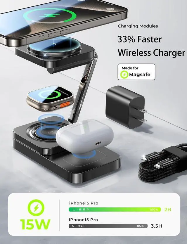 Alt view image 4 of 7 - Lisen 3 in 1 Nightstand with Charging Station for Multiple Devices  Magsafe Charger 15W Travel Charger for iPhone and  Watch Magnetic Wireless Charger for iphone 16 15 Pro Max iWacth AirPods