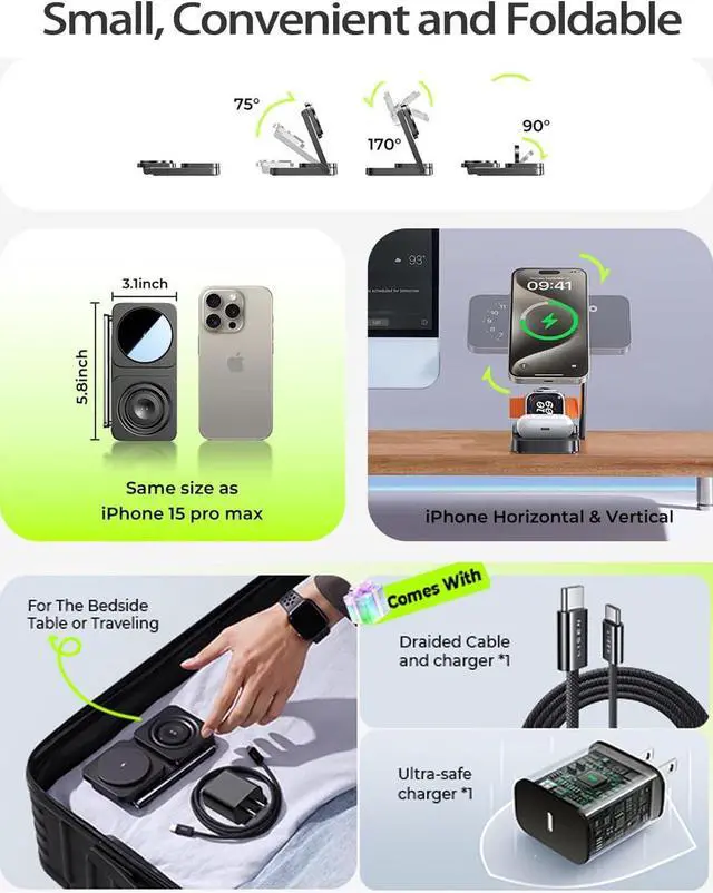 Alt view image 6 of 7 - Lisen 3 in 1 Nightstand with Charging Station for Multiple Devices  Magsafe Charger 15W Travel Charger for iPhone and  Watch Magnetic Wireless Charger for iphone 16 15 Pro Max iWacth AirPods