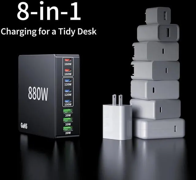 Alt view image 4 of 7 - 880W USB C Charger Block Charging Station 8 Port Fast Chager 140W PD PPS HUB Laptop MacBook Charger Compatible with All iPhone 17 Pro Max/17 Air/16 SE/ Galaxy 25/ MacBook Pro/Air/iPad Pro