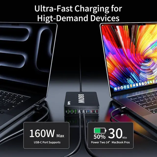 Alt view image 5 of 7 - 880W USB C Charger Block Charging Station 8 Port Fast Chager 140W PD PPS HUB Laptop MacBook Charger Compatible with All iPhone 17 Pro Max/17 Air/16 SE/ Galaxy 25/ MacBook Pro/Air/iPad Pro