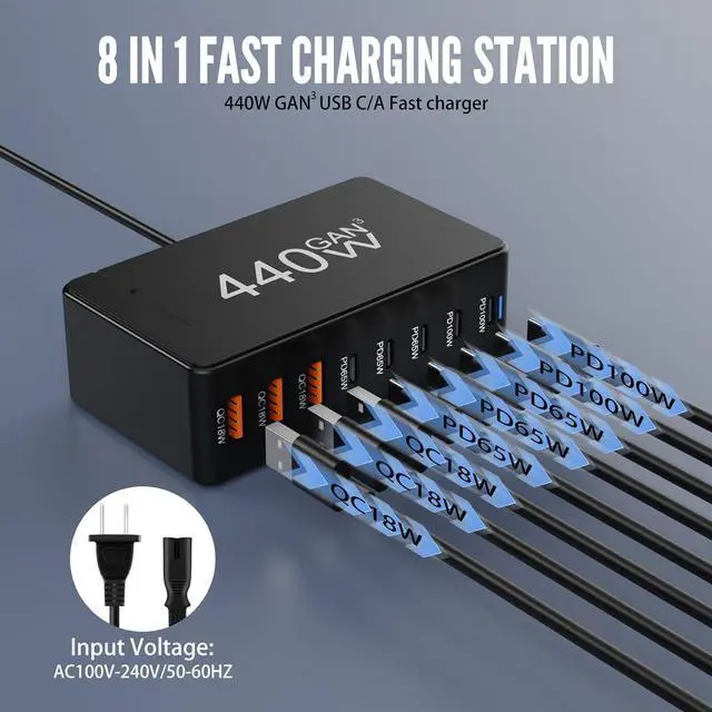 Alt view image 3 of 7 - USB C Charger Block Charging Station 440W GAN3 100W Laptop Charger Multi Port Charging Station 8 Port Hub Brick Compatible with Laptops MacBook iPhone iPad  Google Watch Earbuds etc