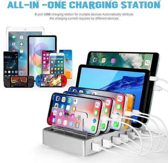 Alt view image 4 of 7 - Charging Station for Multiple Devices 6 Ports USB Multi Devices Charger Fast Cell Phone Charging Station for iPhone iPad Tablets (Silver 6 Mixed Cables Included)