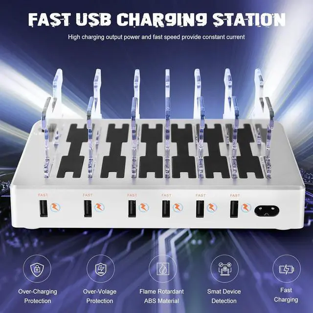 Alt view image 3 of 7 - Charging Station for Multiple Devices 6 Ports USB Multi Devices Charger Fast Cell Phone Charging Station for iPhone iPad Tablets (Silver 6 Mixed Cables Included)