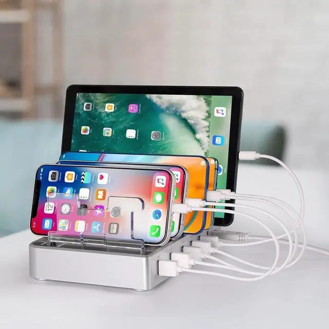 Alt view image 7 of 7 - Charging Station for Multiple Devices 6 Ports USB Multi Devices Charger Fast Cell Phone Charging Station for iPhone iPad Tablets (Silver 6 Mixed Cables Included)