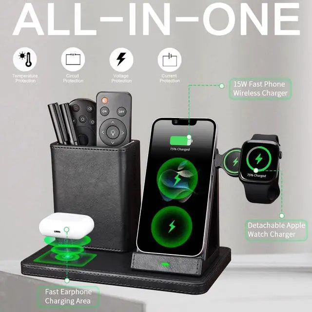 Alt view image 2 of 7 - White Leather Pen Holder Desk Organizer with 3-in-1 Wireless Charger for Phone Earbuds Watch - Desktop Phone Stand Birthday Gifts for Women mom Gifts (Black)