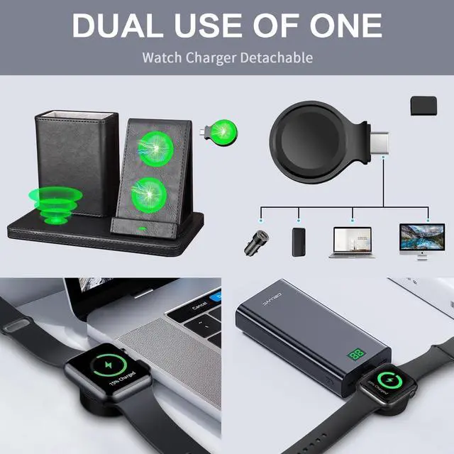 Alt view image 3 of 7 - White Leather Pen Holder Desk Organizer with 3-in-1 Wireless Charger for Phone Earbuds Watch - Desktop Phone Stand Birthday Gifts for Women mom Gifts (Black)