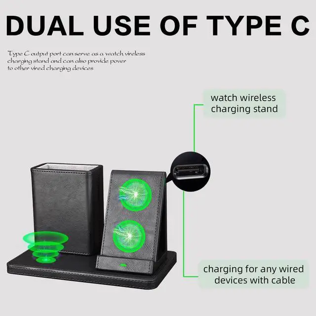 Alt view image 4 of 7 - White Leather Pen Holder Desk Organizer with 3-in-1 Wireless Charger for Phone Earbuds Watch - Desktop Phone Stand Birthday Gifts for Women mom Gifts (Black)