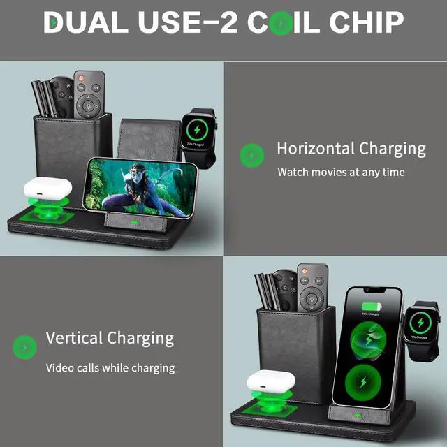 Alt view image 5 of 7 - White Leather Pen Holder Desk Organizer with 3-in-1 Wireless Charger for Phone Earbuds Watch - Desktop Phone Stand Birthday Gifts for Women mom Gifts (Black)