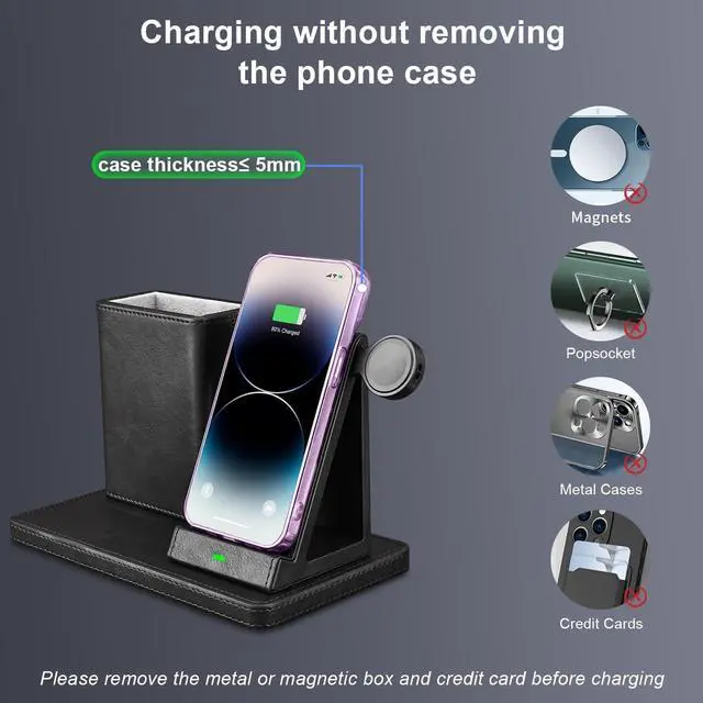 Alt view image 7 of 7 - White Leather Pen Holder Desk Organizer with 3-in-1 Wireless Charger for Phone Earbuds Watch - Desktop Phone Stand Birthday Gifts for Women mom Gifts (Black)