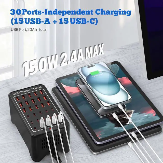 Alt view image 2 of 7 - USB C Charging Station150W 30 Ports USB C Charger15USB-C + 15USB-A Multiple Devices Charger Compatible with /iPhone/iPad/Google Pixel/Tablets and Other USB Electronics