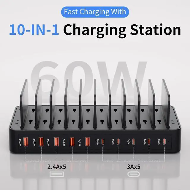 Alt view image 2 of 7 - 60W Charging Station for Multiple Devices 10-Port USB Fast Charging Station with Adjustable Dividers - Device Organizer Charging Dock for iPhone Android iPad Tablets & More