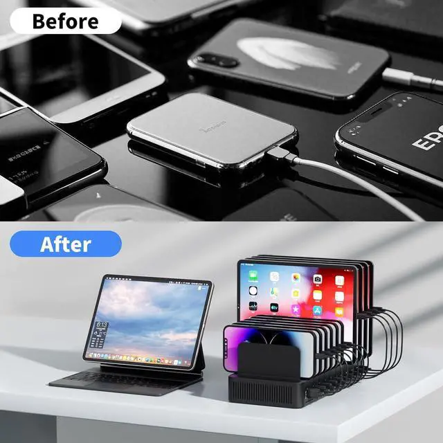 Alt view image 4 of 7 - 60W Charging Station for Multiple Devices 10-Port USB Fast Charging Station with Adjustable Dividers - Device Organizer Charging Dock for iPhone Android iPad Tablets & More