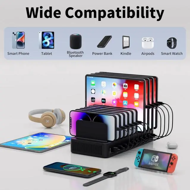 Alt view image 5 of 7 - 60W Charging Station for Multiple Devices 10-Port USB Fast Charging Station with Adjustable Dividers - Device Organizer Charging Dock for iPhone Android iPad Tablets & More