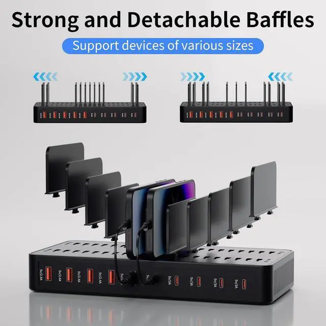 Alt view image 6 of 7 - 60W Charging Station for Multiple Devices 10-Port USB Fast Charging Station with Adjustable Dividers - Device Organizer Charging Dock for iPhone Android iPad Tablets & More