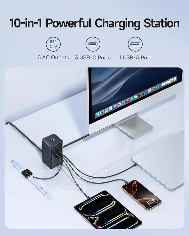Alt view image 2 of 7 - Charging Station 67W 10-in-1 USB-C PD Fast Charging Desktop Charger with 1200J Surge Protection 5ft Extension Cord 6 AC 3 USBC 1 USBA Ports for iPhone 16/15 MacBook Tablet Desktop