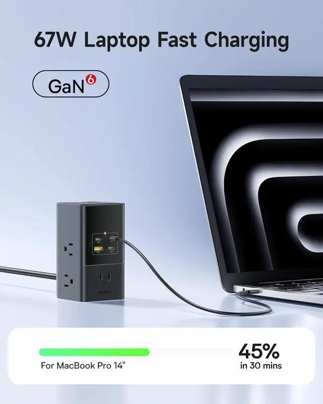 Alt view image 3 of 7 - Charging Station 67W 10-in-1 USB-C PD Fast Charging Desktop Charger with 1200J Surge Protection 5ft Extension Cord 6 AC 3 USBC 1 USBA Ports for iPhone 16/15 MacBook Tablet Desktop
