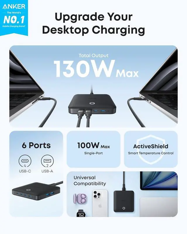 Alt view image 2 of 7 - Nano Charging Station 130W Fast Charging 6-Port Slim USB C Charger with 4 USB C 2 USB A Ports Compact for iPhone 16 iPad MacBook Pixel Galaxy Home Office and Travel (Non-Battery)