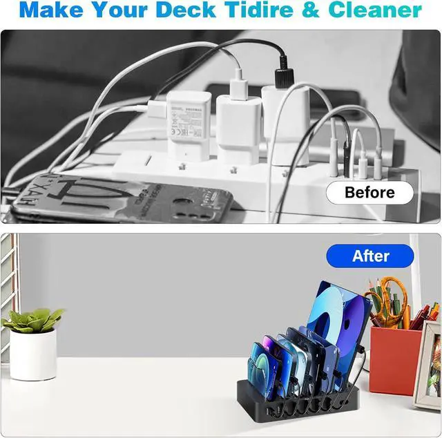 Alt view image 4 of 7 - Charging Station for Multiple Devices 68W 6 Port Phone Charger Dock with 6 Cables 20W Black Fast Charging Station Compatible with  Cellphone iPad iPhone Tablet