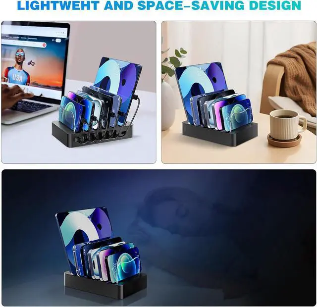 Alt view image 6 of 7 - Charging Station for Multiple Devices 68W 6 Port Phone Charger Dock with 6 Cables 20W Black Fast Charging Station Compatible with  Cellphone iPad iPhone Tablet