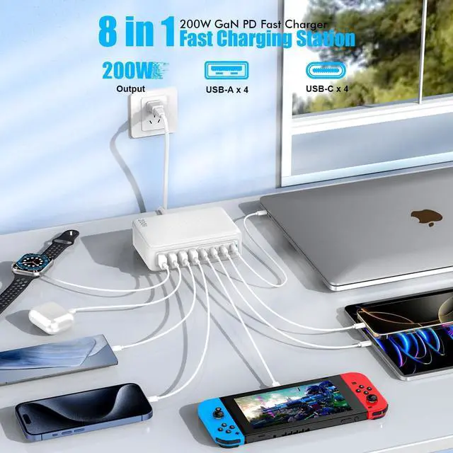 Alt view image 2 of 7 - USB C Charger Block 200W GaN 8 Port USB C Charging Station USB Hub Block Cube Type C & USB A Wall Charger Power Adapter for Multiple Devices  iPhone 16/15/14 Steam Deck MacBook Pro/Air iPad Pro