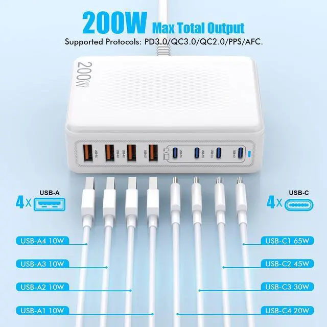 Alt view image 4 of 7 - USB C Charger Block 200W GaN 8 Port USB C Charging Station USB Hub Block Cube Type C & USB A Wall Charger Power Adapter for Multiple Devices  iPhone 16/15/14 Steam Deck MacBook Pro/Air iPad Pro