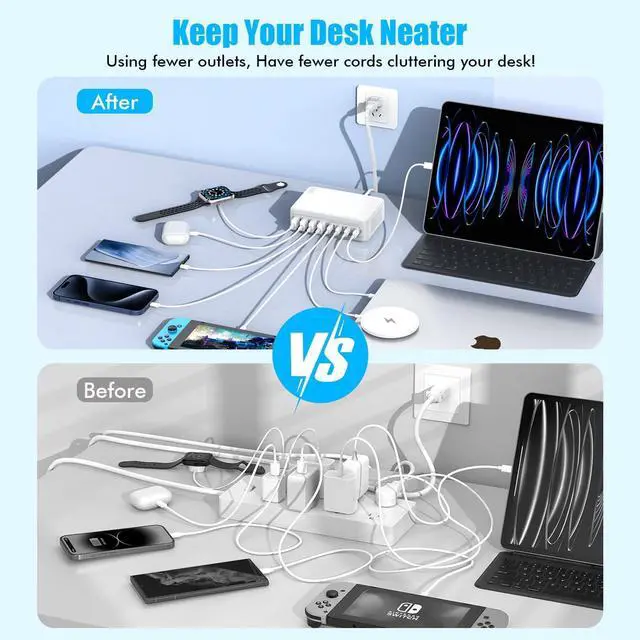 Alt view image 6 of 7 - USB C Charger Block 200W GaN 8 Port USB C Charging Station USB Hub Block Cube Type C & USB A Wall Charger Power Adapter for Multiple Devices  iPhone 16/15/14 Steam Deck MacBook Pro/Air iPad Pro