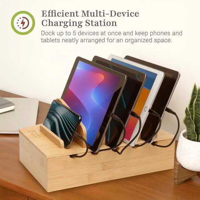 Alt view image 2 of 6 - Prosumers Choice Wooden Charging Station Organizer - 5-Port Base for Phones Tablets and Laptops - Multi-Device Docking Station with Removable Divider Slots - Cord Box with Cable Management - Bamboo