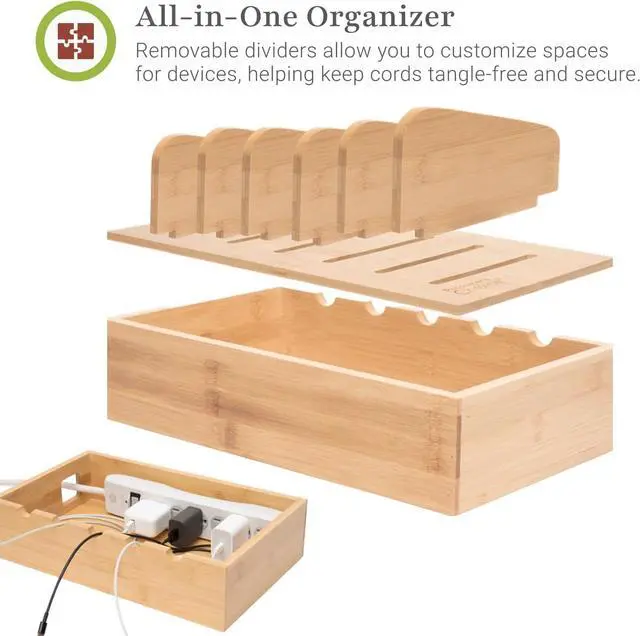 Alt view image 4 of 6 - Prosumers Choice Wooden Charging Station Organizer - 5-Port Base for Phones Tablets and Laptops - Multi-Device Docking Station with Removable Divider Slots - Cord Box with Cable Management - Bamboo