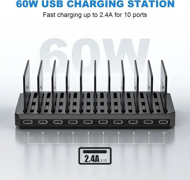 Alt view image 2 of 7 - Charging Station for Multiple Devices 60W 10 Port USB Fast Charging Station with Adjustable Dividers Compatible with iPhone iPad Tablets and Cell Phone (Black)