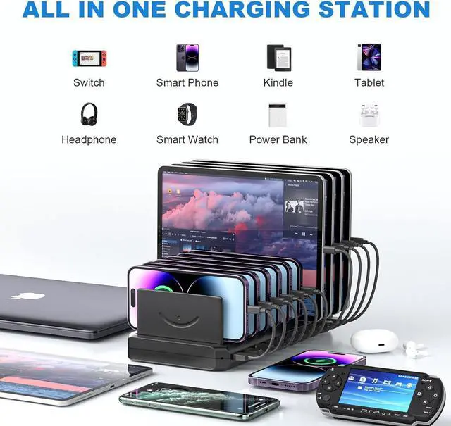 Alt view image 3 of 7 - Charging Station for Multiple Devices 60W 10 Port USB Fast Charging Station with Adjustable Dividers Compatible with iPhone iPad Tablets and Cell Phone (Black)